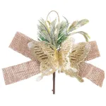 Crenguță decorativă de Crăciun aurie cu fluture și fundă din iută, 18 cm