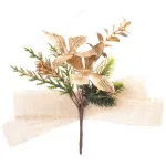 Crenguță decorativă de Crăciun MagicHome aurie cu flori și fundă din iută, 19 cm