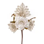 Crenguță decorativă de Crăciun MagicHome cu trandafir alb-auriu, 26 cm