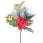 Crenguță decorativă de Crăciun cu păsărică roșu-auriu, 16 cm