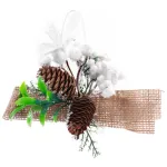 Crenguță decorativă de Crăciun cu conuri și fundă din iută, albă, 15 cm