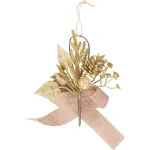 Crenguță decorativă de Crăciun aurie cu con și fundă din iută, 17 cm