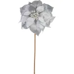 Floare decorativă de Crăciun Poinsettia argintie cu tulpină 38 cm