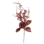 Crenguță decorativă de Crăciun aurie cu bobițe și con, 30 cm