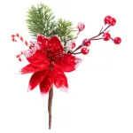 Crenguță decorativă de Crăciun cu floare, bobițe și efect de zăpadă