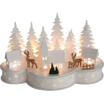 Decorațiune de Crăciun sat cu reni, 10 LED alb cald, MDF, 30 cm