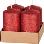 Set 4 lumânări advent cilindrice roșii cu sclipici 4,8x8 cm