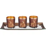 Suport decorativ pentru 3 lumânări tip pastilă, cu tavă, cupru, 26x12x7 cm