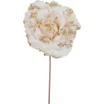 Floare decorativa de Craciun tip trandafir crem, 17 cm, cu sclipici