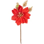 Crenguță decorativă de Crăciun cu poinsettia roșie și accente aurii, 16 cm