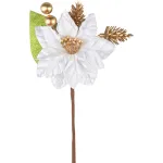 Crenguță decorativă de Crăciun cu poinsettia albă, 16 cm