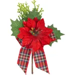 Crenguță decorativă de Crăciun MagicHome cu poinsettia roșie și fundă, 17 cm