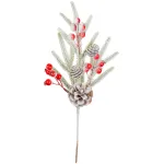 Crenguță decorativă de Crăciun cu efect nins, măceșe și conuri, 34 cm