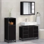 Set de mobilier pentru baie 3 pcs Stejar Negru Lemn compozit GartenMobel Dekor