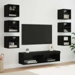 Cabinet TV cu lumini cu bandă LED 8 pcs Stejar Negru Sticlă GartenMobel Dekor