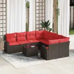 Set de canapea 9 pcs Maro și roșu Poliester GartenMobel Dekor
