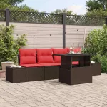 Set de canapea cu pernă Manual 5 pcs Maro și roșu poliratan GartenMobel Dekor