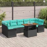 Set de canapele pentru grădină cu pernă 8 pcs Negru și Albastru GartenMobel Dekor