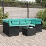 Set de canapele pentru grădină 7 pcs Negru și Turcoaz poliratan GartenMobel Dekor