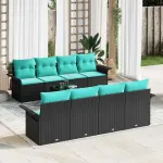 Set de canapele pentru grădină 9 pcs Negru și Turcoaz poliratan GartenMobel Dekor