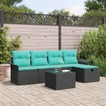 Set de canapele pentru grădină 6 pcs Negru și Turcoaz poliratan GartenMobel Dekor
