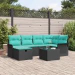 Set de canapele pentru grădină 7 pcs Negru și Turcoaz poliratan GartenMobel Dekor
