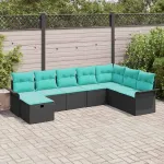 Set de canapele pentru grădină 8 pcs Negru și Turcoaz poliratan GartenMobel Dekor