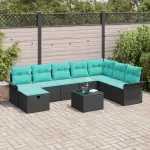 Set de canapele pentru grădină 9 pcs Negru și Turcoaz poliratan GartenMobel Dekor