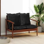 Canapea cu 2 locuri, negru, piele naturală & lemn masiv acacia  GartenMobel Dekor