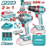 TOTAL - KIT COMBO - 20V - MASINA DE GAURIT CU PERCUTIE, MASINA DE INSURUBAT CU IMPACT (INCLUDE 2 ACU