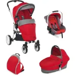 Carucior 3 in 1 Plebani P4 Trio rosu cu landou, scaun auto si geanta