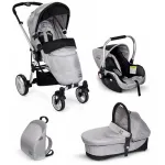 Carucior 3 in 1 Plebani P4 Trio argintiu cu landou, scoica auto si geanta