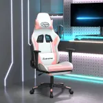 Scaun gaming de masaj/suport picioare, alb/roz, piele ecologică GartenMobel Dekor