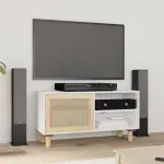 Comodă TV, alb, 80x30x40 cm, lemn masiv pin și ratan natural GartenMobel Dekor