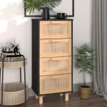Servantă, negru, 40x30x90 cm, lemn masiv pin și ratan natural GartenMobel Dekor