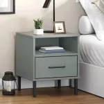 Noptieră cu picioare metalice „OSLO”, gri, lemn masiv pin GartenMobel Dekor