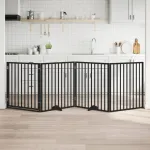 Poartă câini pliabilă cu ușă 4 panouri negru, 320 cm, lemn plop GartenMobel Dekor
