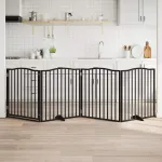 Poartă câini pliabilă cu ușă 4 panouri negru, 320 cm, lemn plop GartenMobel Dekor