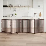 Poartă câini pliabilă cu ușă 4 panouri maro 320 cm, lemn brad GartenMobel Dekor