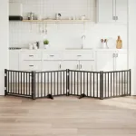 Poartă câini pliabilă cu ușă 4 panouri negru, 320 cm, lemn brad GartenMobel Dekor