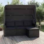 Canapea grădină 3 locuri cu acoperiș și taburet negru poliratan GartenMobel Dekor