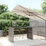 Masă de bar cu blat din sticlă, gri, 185x80x110 cm, poliratan GartenMobel Dekor