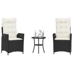 Set bistro cu perne, 3 piese, negru, poliratan GartenMobel Dekor