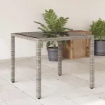 Masă de grădină cu blat din sticlă, gri, 90x90x75 cm, poliratan GartenMobel Dekor