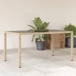 Masă grădină cu blat din sticlă, bej, 150x90x75 cm, poliratan GartenMobel Dekor