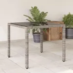 Masă de grădină cu blat din sticlă, gri, 90x90x75 cm, poliratan GartenMobel Dekor