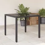 Masă grădină cu blat din sticlă, negru, 90x90x75 cm, poliratan GartenMobel Dekor