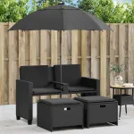 Canapea de grădină cu 2 locuri/umbrelă/taburete negru poliratan GartenMobel Dekor