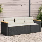 Canapea de grădină cu perne, 3 locuri, negru, poliratan GartenMobel Dekor