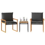 Set bistro cu perne, 3 piese, negru, poliratan și lemn acacia GartenMobel Dekor